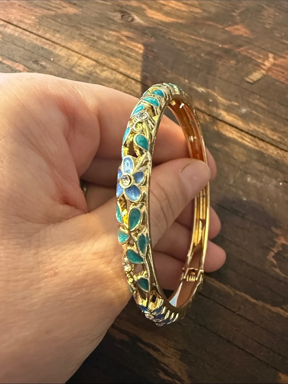 Gold Plated Blue Floral Enamel Bangle Bracelet Rhinestones